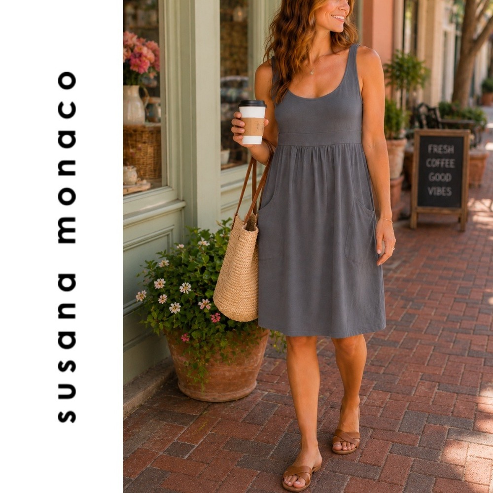 Susana Monaco, Sleeveless Scoop Neck Pocket Dress Charcoal Gray Size Large